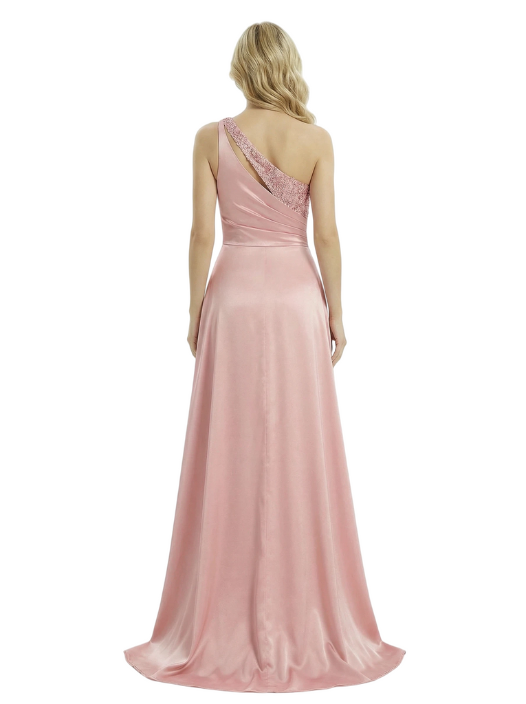 ChicSew One Shoulder Ruched Satin Lace Mermaid Maxi Long Evening Gown Slit Side Overlay