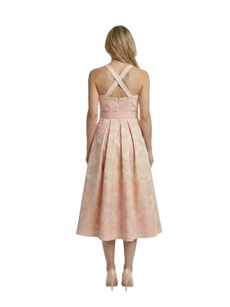 Chicsew Square Sleeveless Floral Jacquard Midi Length Belted Detail Modern Mother of the Bride Dresses