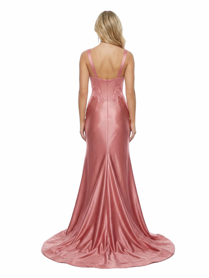 Sexy Deep V-Neck Corset Mermaid Long Ruched Satin Prom Dresses With Slit