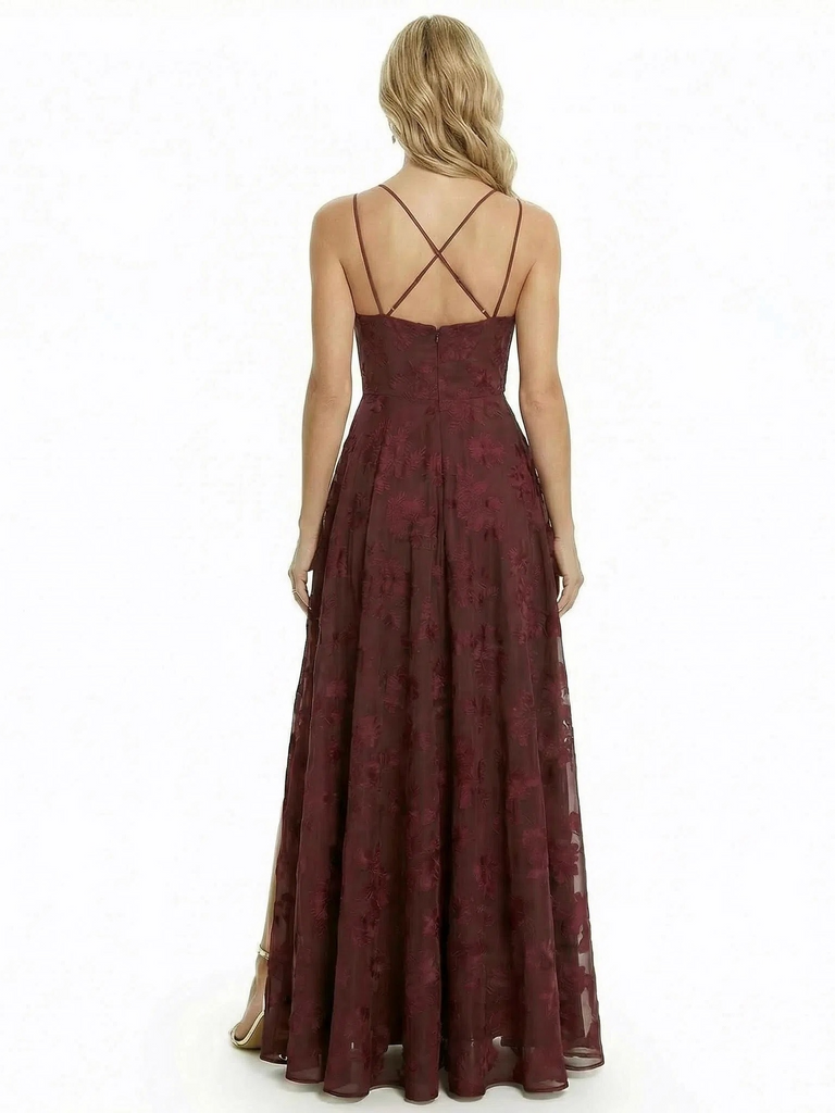 Elegant Spaghetti Straps Floral Burnout Chiffon A-Line Formal Evening Dresses With Side Slit