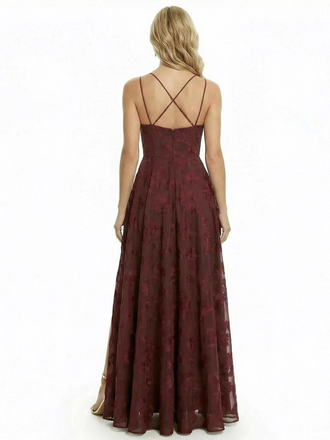Elegant Spaghetti Straps Floral Burnout Chiffon A-Line Formal Evening Dresses With Side Slit