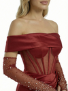 Sexy Off the Shoulder Formal Evening Gown Corset Bodice Satin Fabric Mermaid Silhouette Floor Length Prom Dress With Beaded Gloves