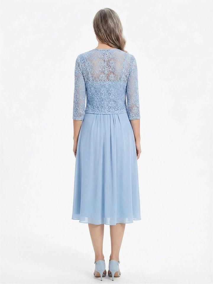 ChicSew Jewel Lace Chiffon Mother of The Bride Two Piece Tea-Length Dress with 3/4 Sleeves Jacket