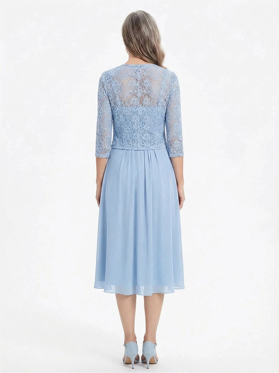 ChicSew Jewel Lace Chiffon Mother of The Bride Two Piece Tea-Length Dress with 3/4 Sleeves Jacket