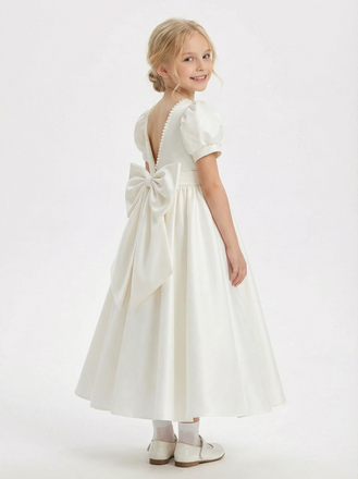 Satin Tulle Girls Princess Dress Strap Bow Sash A-Line Wedding Guest Gowns Bow Knot