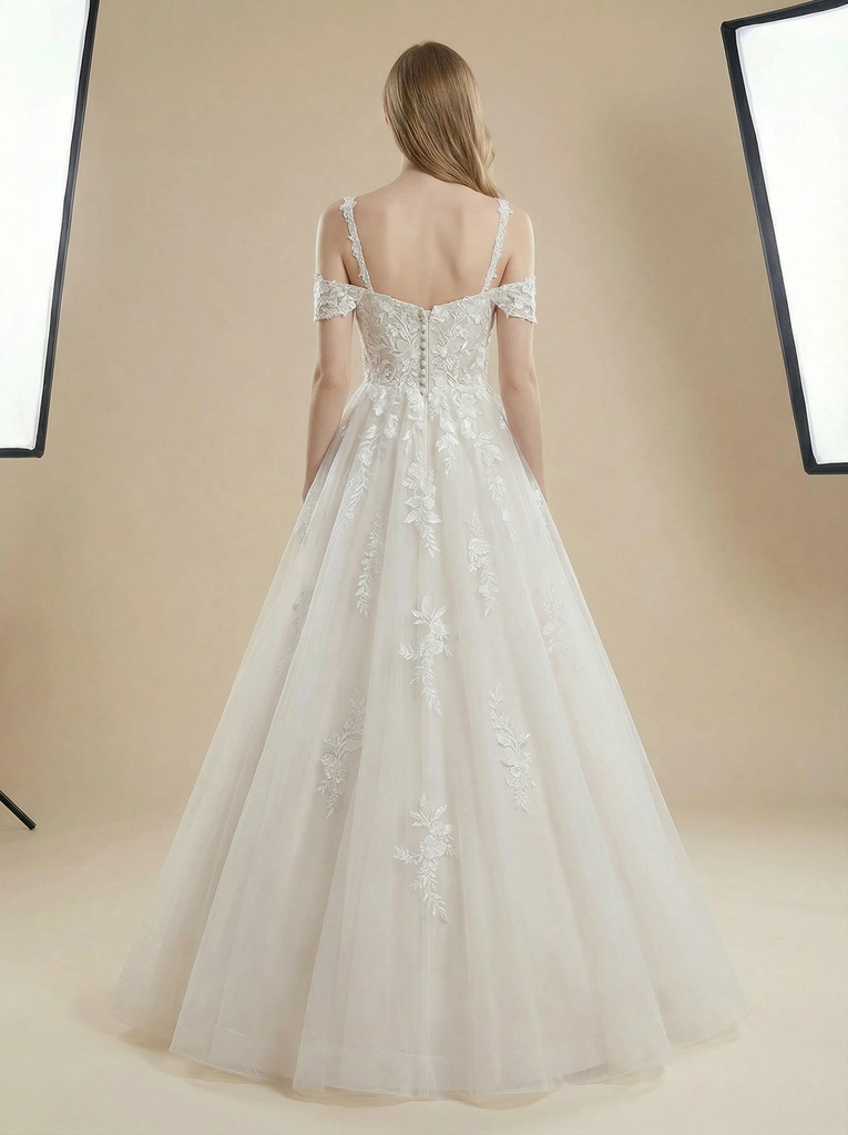 A-Line Cold Shoulder Maxi Long Lace Wedding Dresses Online