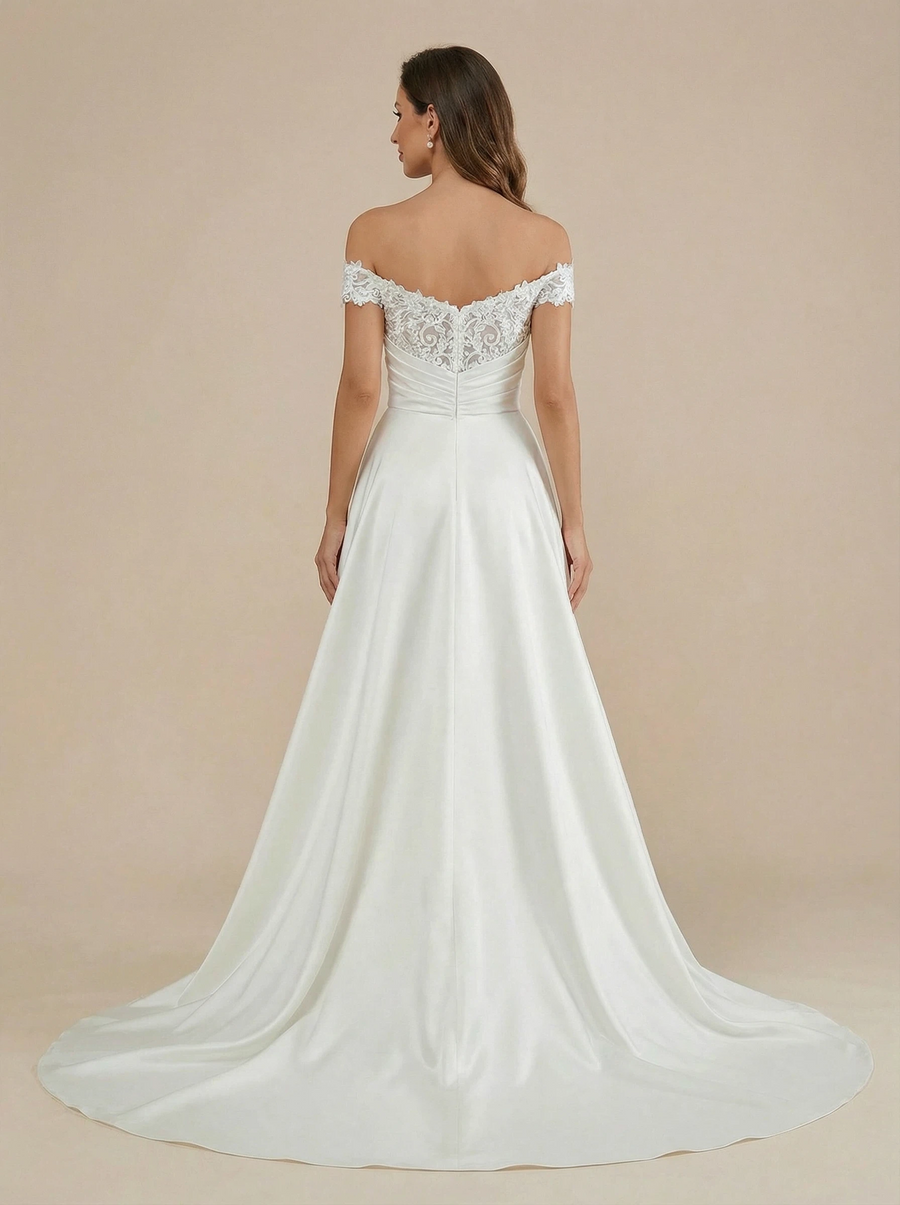 Mermaid Off The Shoulder Lace Appliques Maxi Long Satin Wedding Dresses Online With Overskirt
