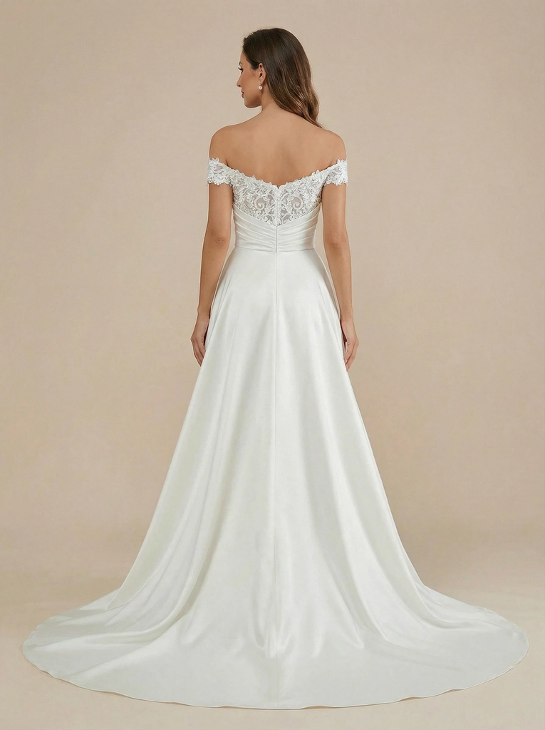 Mermaid Off The Shoulder Lace Appliques Maxi Long Satin Wedding Dresses Online With Train