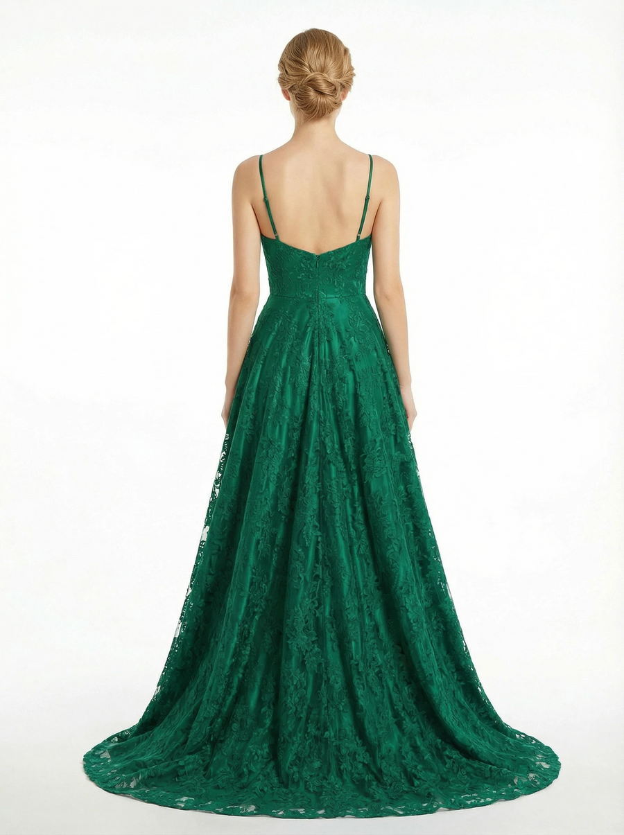 Elegant Spaghetti Strap Floral Embroidered Mesh Gown Formal Night Prom Dress