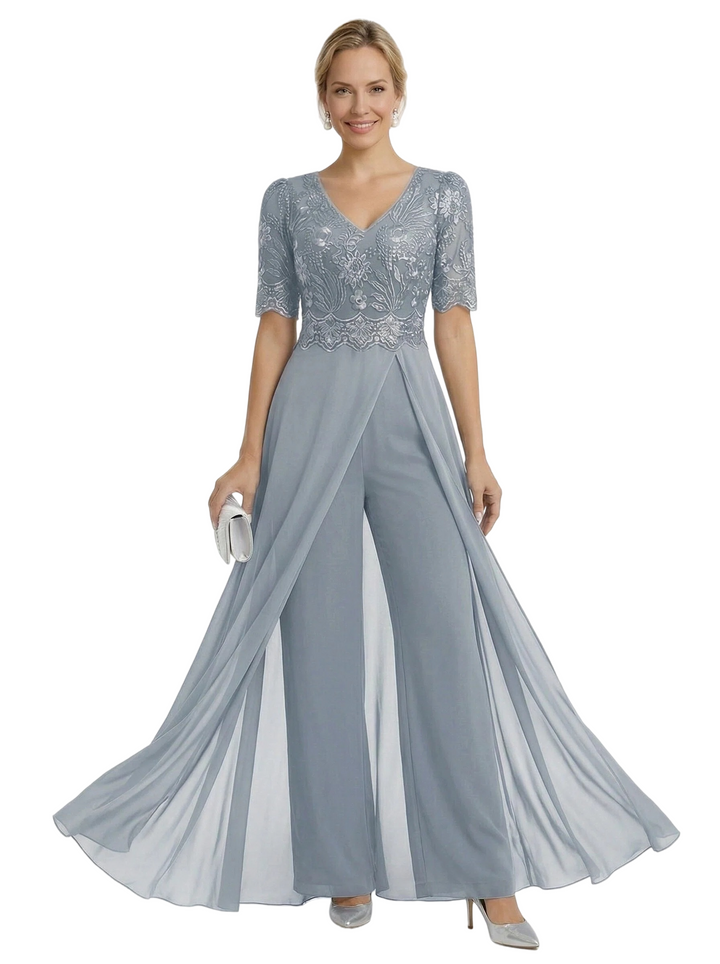 Elegant V-neck Chiffon And Lace Half Sleeves Pantsuit For Mother Of The Bride OverSkirt