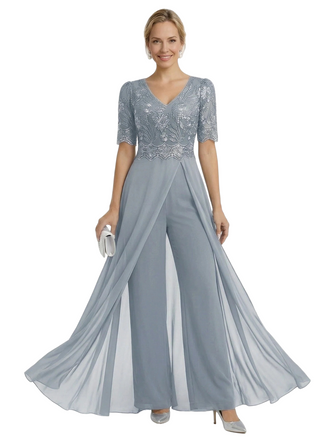 Elegant V-neck Chiffon And Lace Half Sleeves Pantsuit For Mother Of The Bride OverSkirt