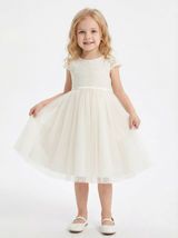 Satin Lace Girls Princess Dress Cap Sleeve Bow Sash A-Line Wedding Guest Gowns Girls