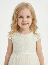 Satin Lace Girls Princess Dress Cap Sleeve Bow Sash A-Line Wedding Guest Gowns Girls