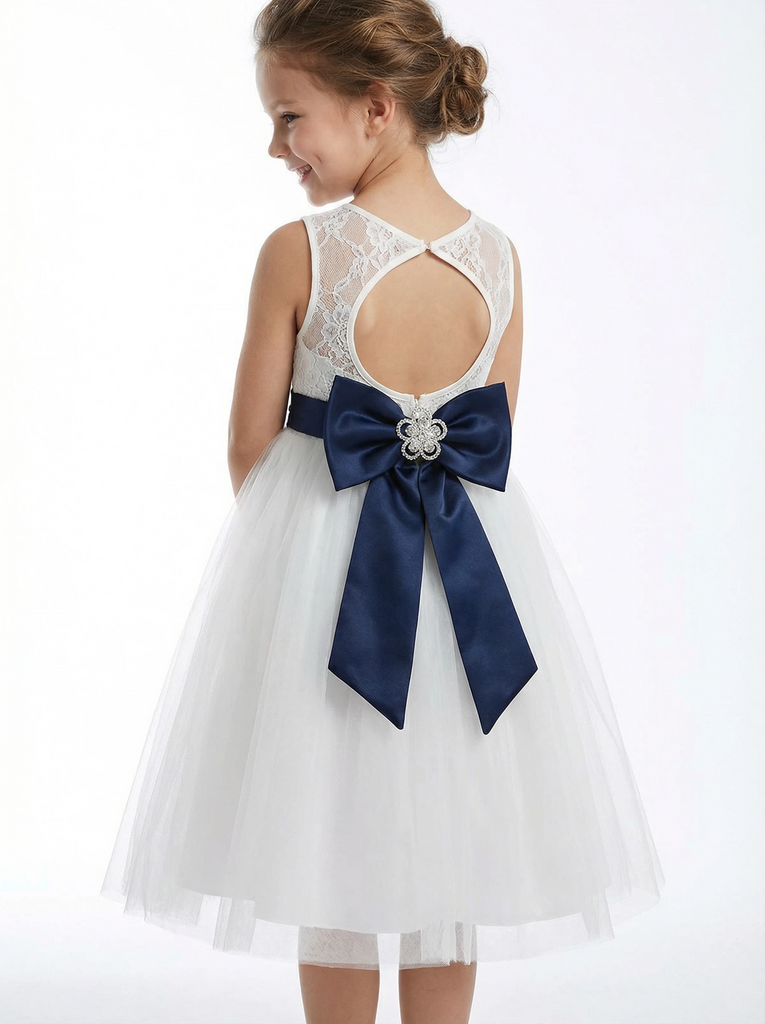 Vintage Lace Girls Wedding Guest Dress Knee Length Childrens Dresses for Wedding with Bow