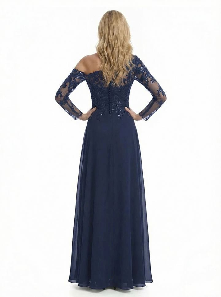 Modern Lace Long Sleeves Asymmetrical Chiffon Side Slit Mother Of The Bride Dresses