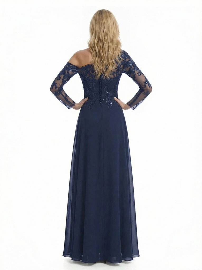 Elegant Lace Long Sleeves Asymmetrical Chiffon Side Slit A-Line Mother Of The Bride Dresses - ChicSew Elegant Lace Long Sleeves Asymmetrical Chiffon Side Slit A-Line Mother Of The Bride Dresses - ChicSew