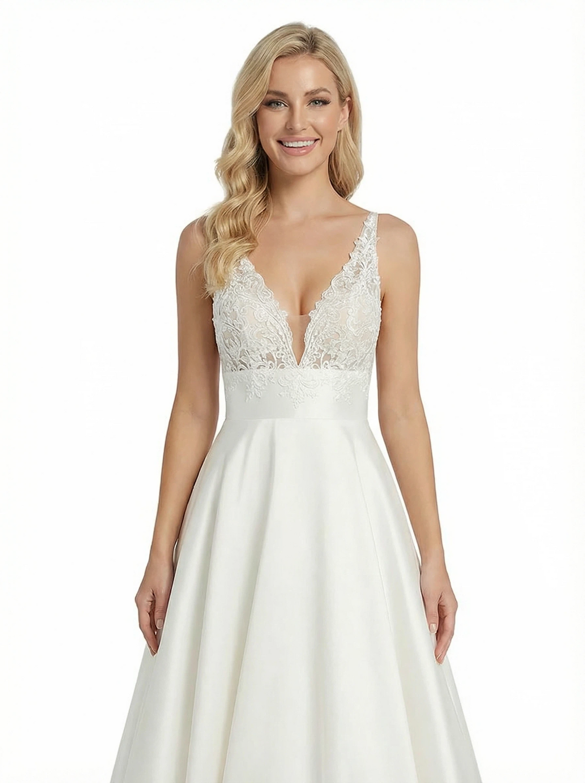 Elegant V-Neck Formal Gown Lace Bodice Satin Fabric A-line Floor Length Prom Party Dress