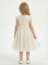 Satin Lace Girls Princess Dress Cap Sleeve Bow Sash A-Line Wedding Guest Gowns Girls