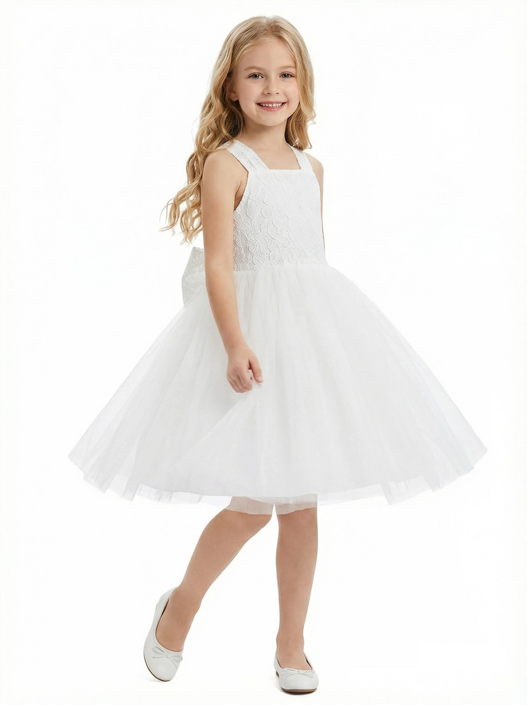Square Neck Lace Flower Girl Dress Sleeveless Tulle Overlay Pageant Party Gowns