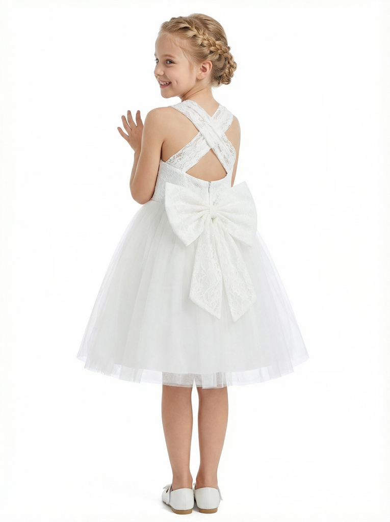 Square Neck Lace Flower Girl Dress Sleeveless Tulle Overlay Pageant Party Gowns