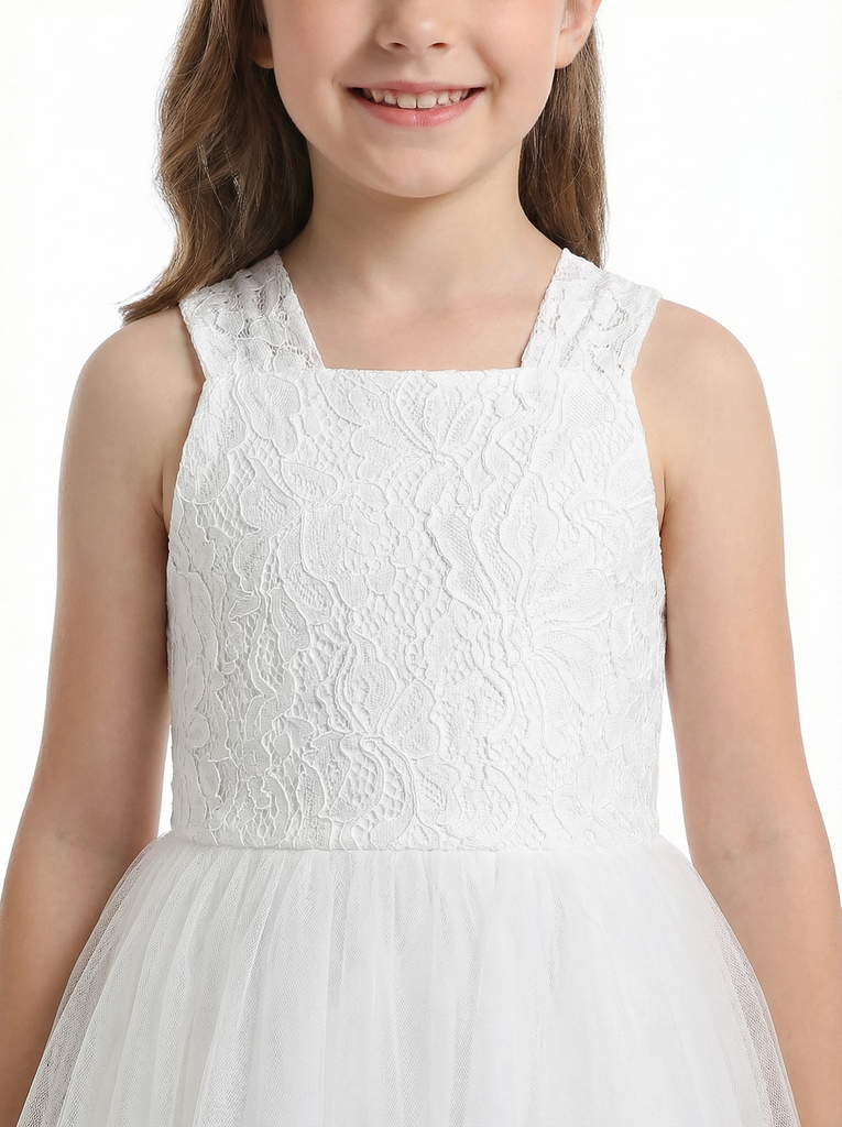 Square Neck Lace Flower Girl Dress Sleeveless Tulle Overlay Pageant Party Gowns