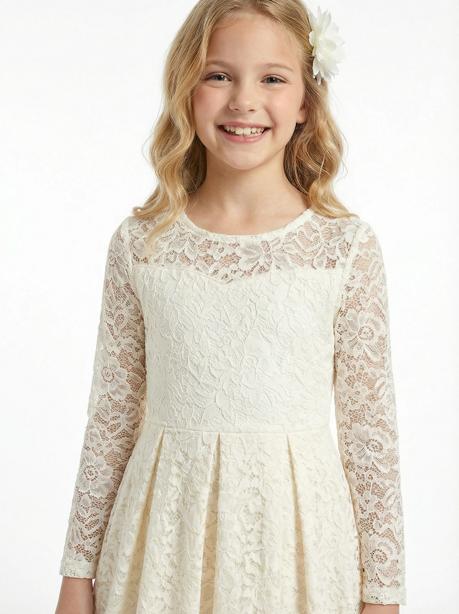 Lace Applique Bridesmaid Dress Skirt Long Sleeve Round Neck Modest Knee Length Elegant