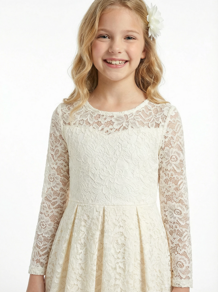 Lace Applique Bridesmaid Dress Skirt Long Sleeve Round Neck Modest Knee Length Elegant