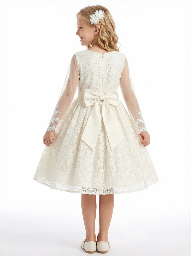 Lace Applique Bridesmaid Dress Skirt Long Sleeve Round Neck Modest Knee Length Elegant