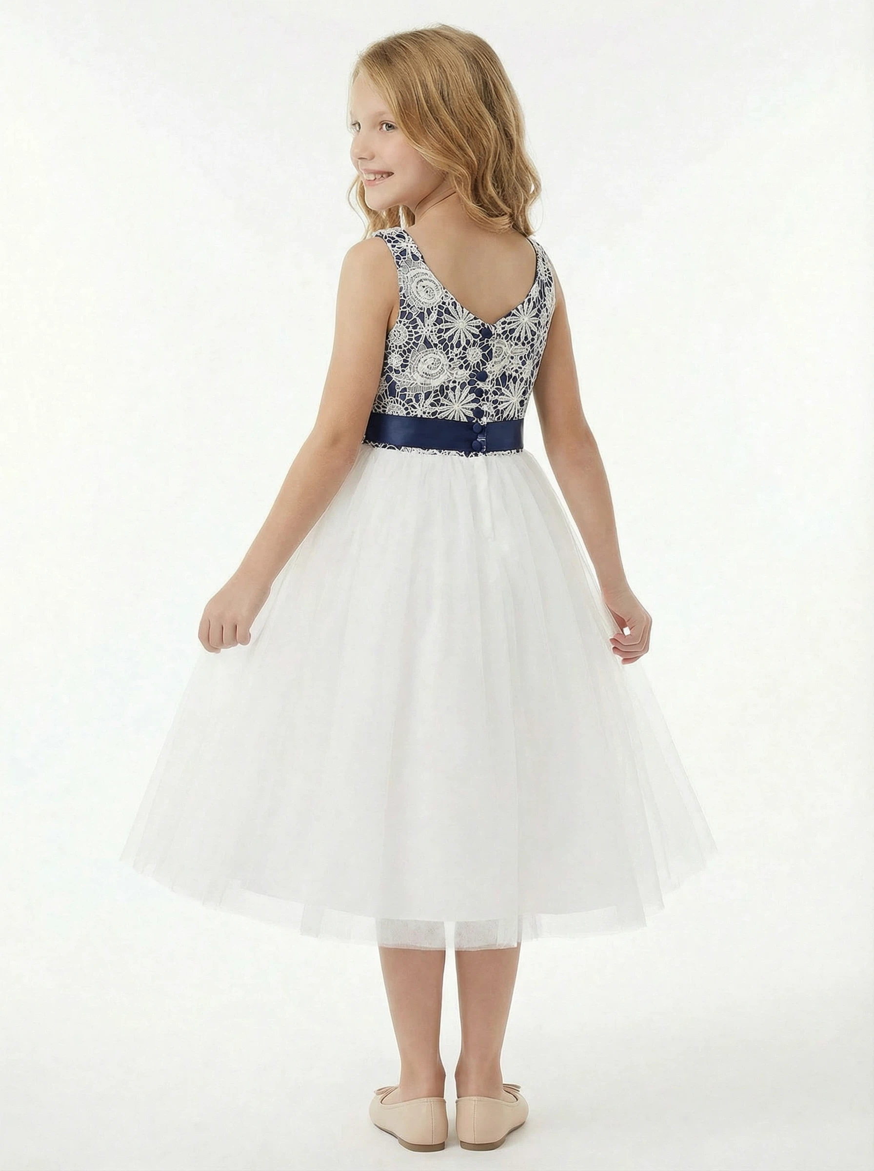 Girls Dresses for Wedding Lace Party Dress Tea Length Bow Sash Boho Communion Dresses