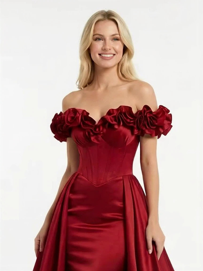 Fancy Flower Sweetheart Satin Formal Prom Off Shoulder Party Dress Overskirt