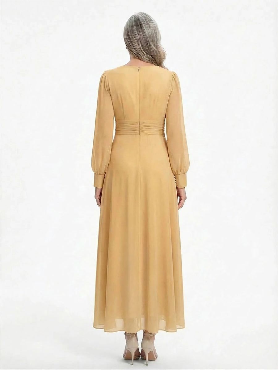 ChicSew Modern V-Neck A-Line Long Sleeves Ankle-Length Chiffon Mother Of The Bride Gowns