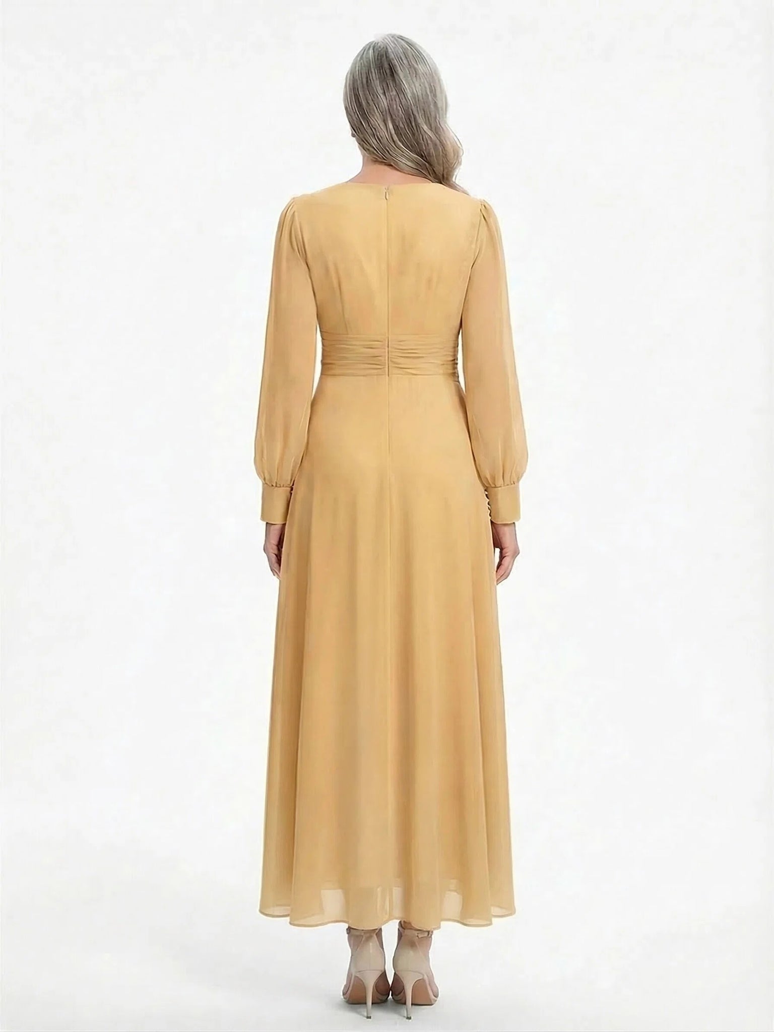 ChicSew Modern V-Neck A-Line Long Sleeves Ankle-Length Chiffon Mother Of The Bride Gowns