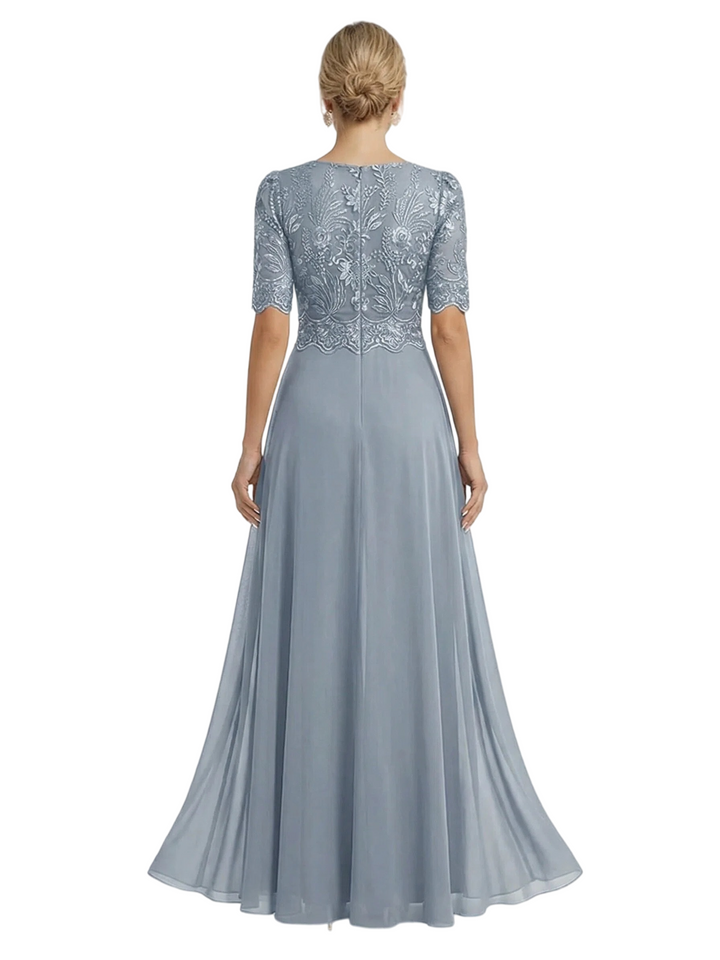 Elegant V-neck Chiffon And Lace Half Sleeves Pantsuit For Mother Of The Bride OverSkirt