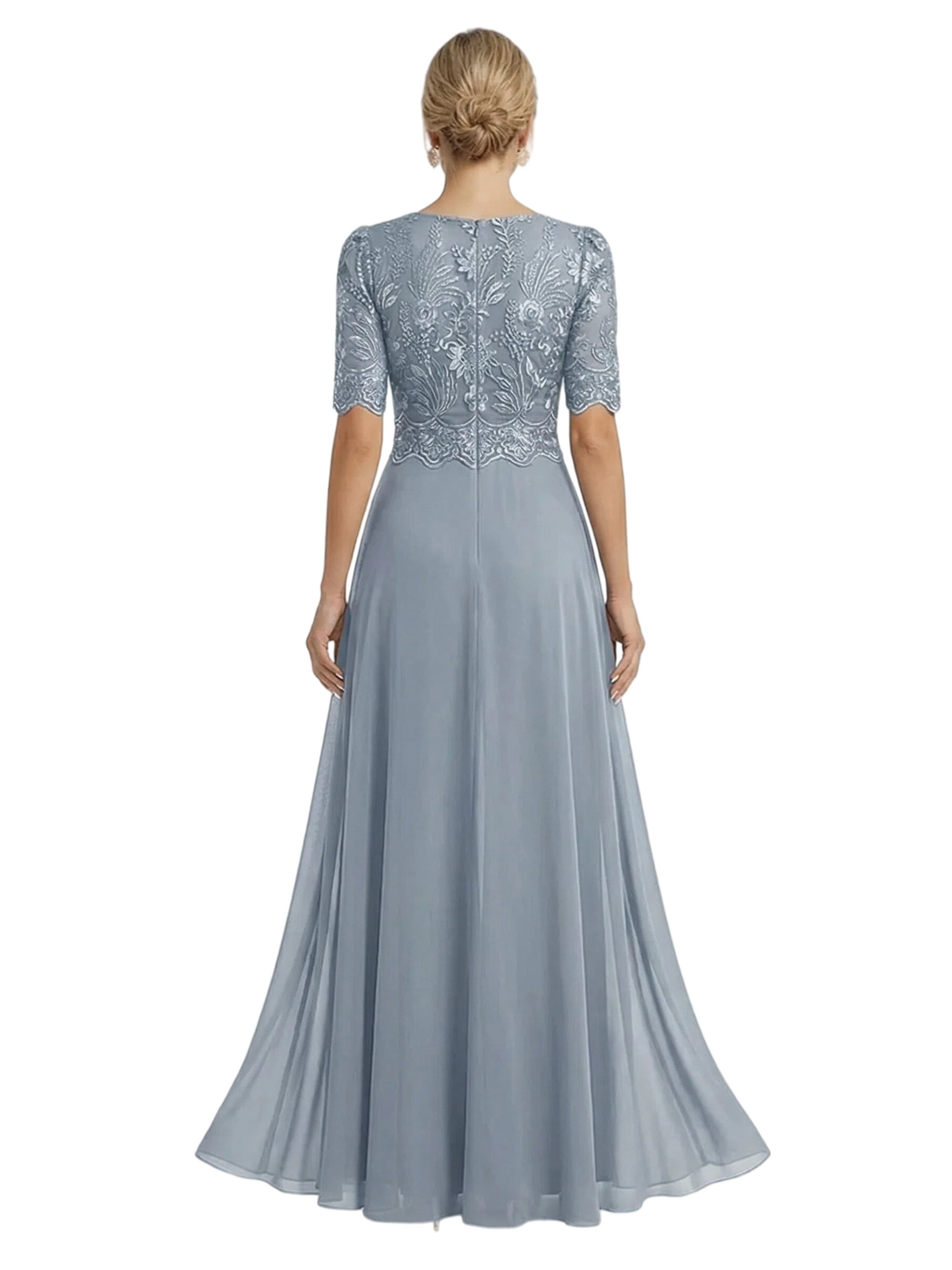 Elegant V-neck Chiffon And Lace Half Sleeves Pantsuit For Mother Of The Bride OverSkirt