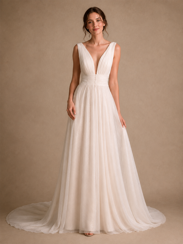 ChicSew Classy Spaghetti Straps V-Neck Sleeveless Glitter Tulle A-Line Maxi Wedding Dress