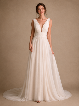 ChicSew Classy Spaghetti Straps V-Neck Sleeveless Glitter Tulle A-Line Maxi Wedding Dress