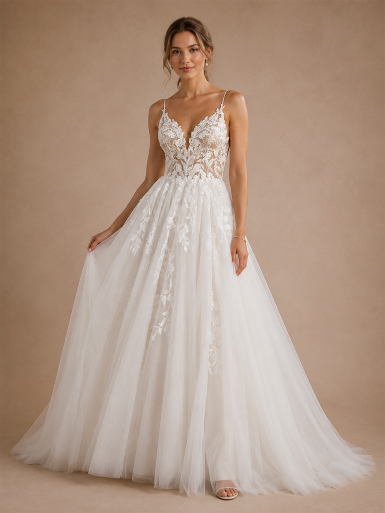 ChicSew Elegant Fancy Spaghetti Straps Lace Tulle Maxi A-Line Wedding Dress