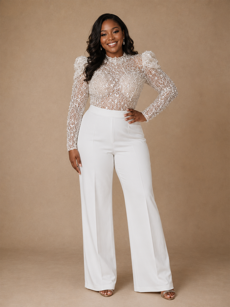 ChicSew Modern High Neck Long Sleeves Lace Crepe Floor-Length Wedding Pant Suit With Sequin
