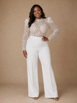 ChicSew Modern High Neck Long Sleeves Lace Crepe Floor-Length Wedding Pant Suit With Sequin