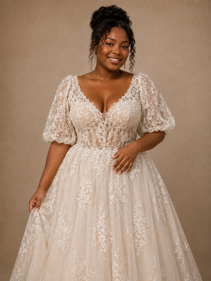 ChicSew Classy Elegant Half Sleeves V-Neck A-Line Lace Tulle Maxi Long Wedding Dress