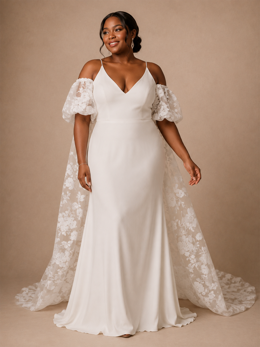 ChicSew Elegant V-Neck Spaghetti Straps Mermaid Crepe Long Wedding Dress With Lace Cape