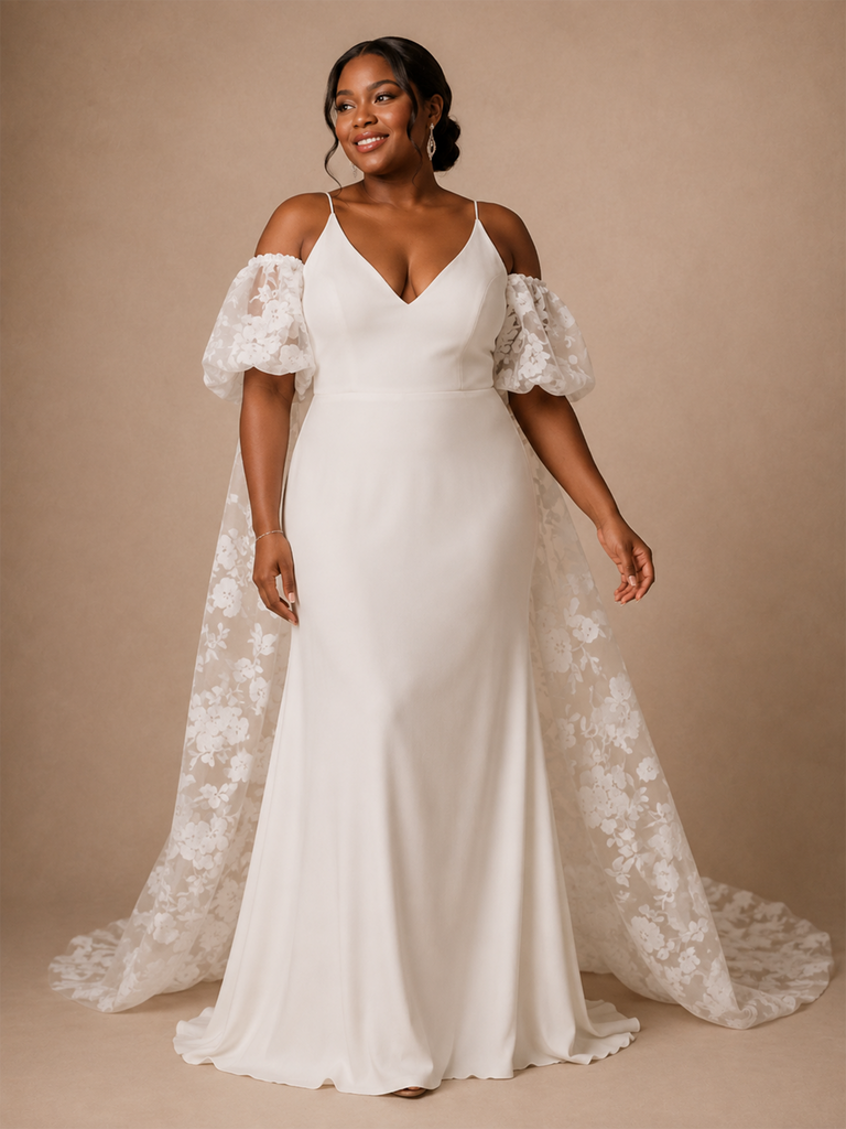 ChicSew Elegant V-Neck Spaghetti Straps Mermaid Crepe Long Wedding Dress With Lace Cape