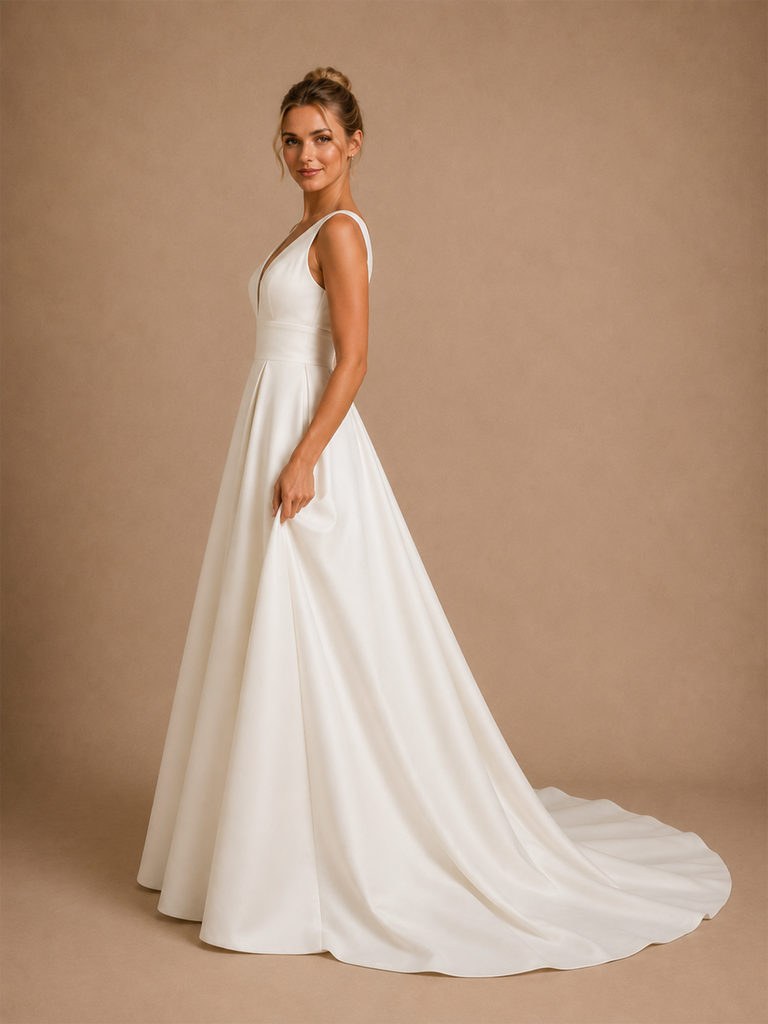 ChicSew Classy Elegant V-Neck Sleeveless Satin A-Line Maxi Long Wedding Dress