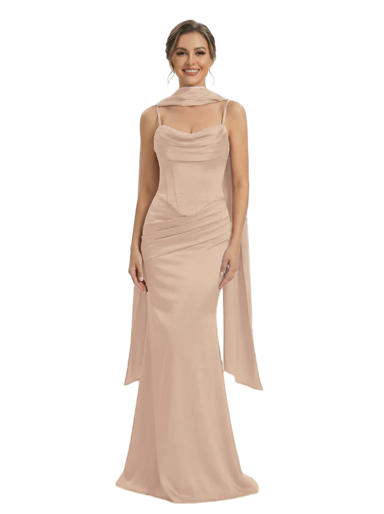ChicSew Spaghetti Straps Corset Satin Ruched Mermaid Long Formal Bridesmaid Dresses
