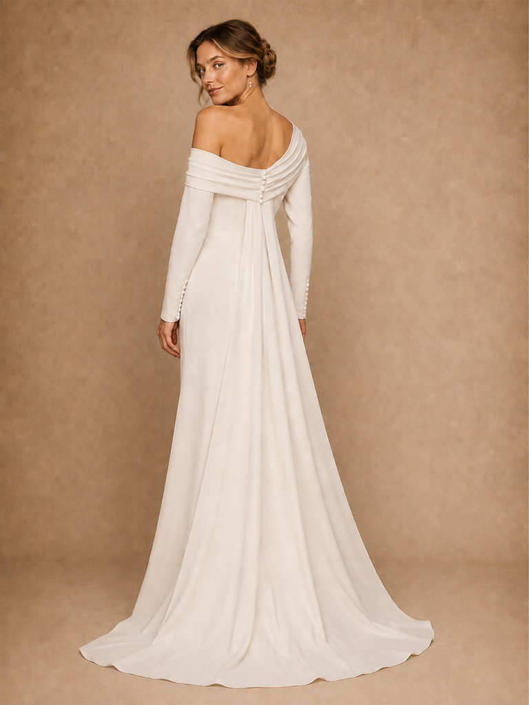 ChicSew Fancy Asymmetric Long Sleeves Ruching Crepe Mermaid Long Wedding Dress