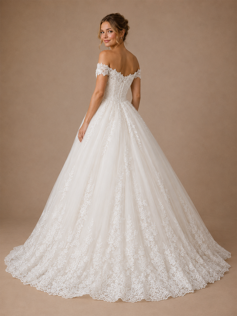 ChicSew Elegant V-Neck Off The Shoulder Lace Tulle A-Line Floor-Length Wedding Dress
