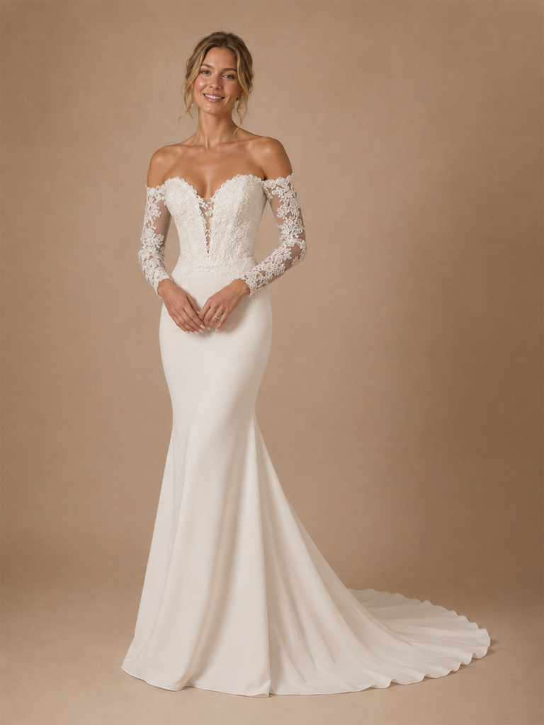 ChicSew Classy Sweetheart Lace 3/4 Sleeves Mermaid Crepe Floor-Length Wedding Dress