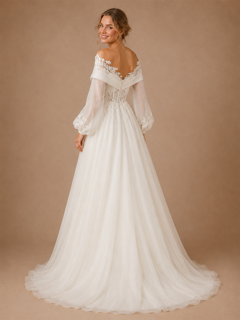 ChicSew Unique Beautiful Off The Shoulder Long Sleeves A-Line Boning Lace Tulle Maxi Wedding Dresses