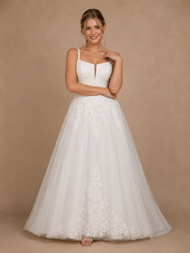ChicSew Fancy Sleeveless Spaghetti Straps Lace Tulle Long A-Line Wedding Dress