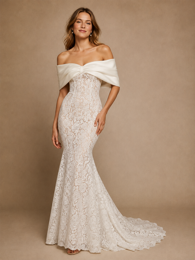 ChicSew Sexy Unique Off The Shoulder Lace Mermaid Floor-Length Wedding Dress